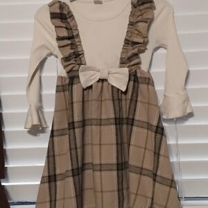 SHEIN Cream and Brown Plaid Ruffle Dress